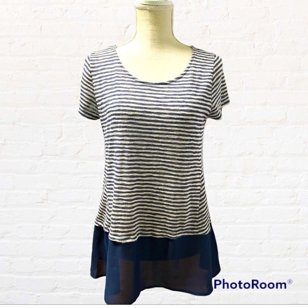 W5 Anthropologie blue white stripes color block chiffon hem casual popover top